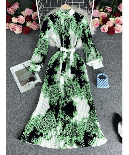 European style retro printing heavy pleated long dress ladies temperament small stand collar slim holiday dress women $49.76 ...