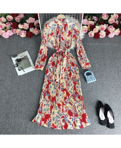 European style retro printing heavy pleated long dress ladies temperament small stand collar slim holiday dress women $49.76 ...