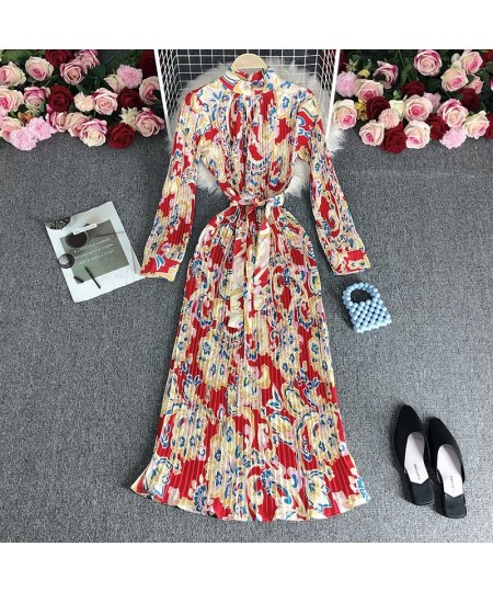 European style retro printing heavy pleated long dress ladies temperament small stand collar slim holiday dress women $49.76 ...