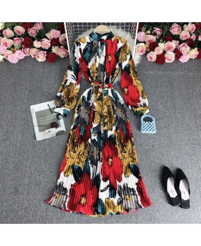 European style retro printing heavy pleated long dress ladies temperament small stand collar slim holiday dress women $49.76 ...