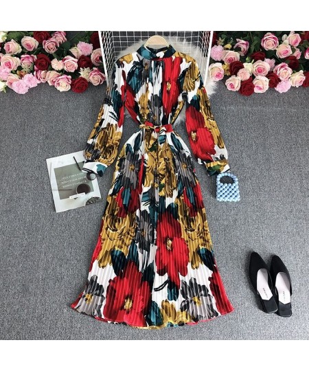 European style retro printing heavy pleated long dress ladies temperament small stand collar slim holiday dress women $49.76 ...