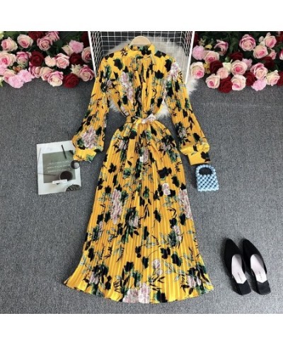 European style retro printing heavy pleated long dress ladies temperament small stand collar slim holiday dress women $49.76 ...