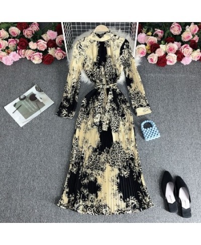 European style retro printing heavy pleated long dress ladies temperament small stand collar slim holiday dress women $49.76 ...