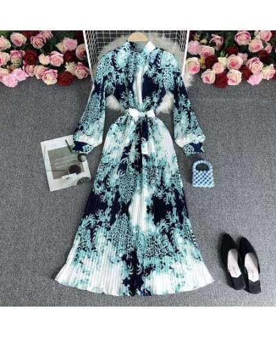 European style retro printing heavy pleated long dress ladies temperament small stand collar slim holiday dress women $49.76 ...