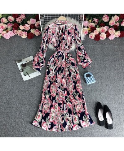 European style retro printing heavy pleated long dress ladies temperament small stand collar slim holiday dress women $49.76 ...