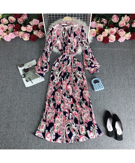 European style retro printing heavy pleated long dress ladies temperament small stand collar slim holiday dress women $49.76 ...