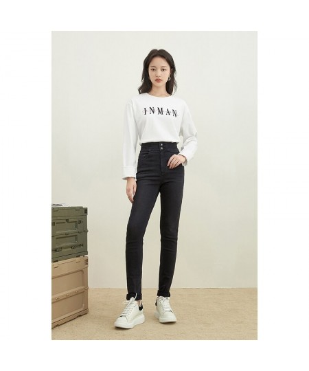 Women's Jeans Autumn Winter Casual All-Match High Waist Double Buttons Slim Pencil Denim Trousers $91.89 - Jeans