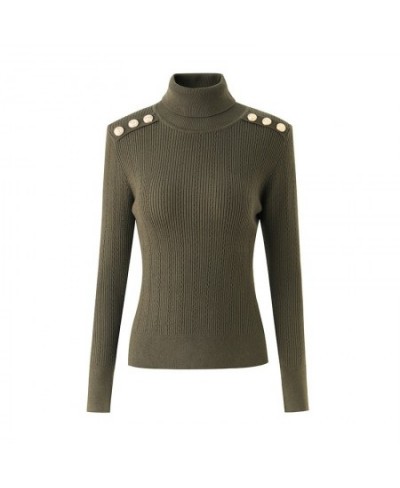 Classic Turtlenecks Pullovers Long Sleeve Gold Buckle Sweater Women Winter Fall Casual Elasticity Knitting Top $70.42 - Sweaters