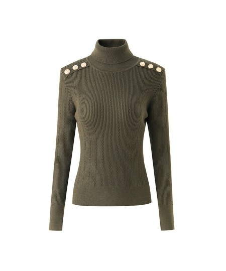 Classic Turtlenecks Pullovers Long Sleeve Gold Buckle Sweater Women Winter Fall Casual Elasticity Knitting Top $70.42 - Sweaters