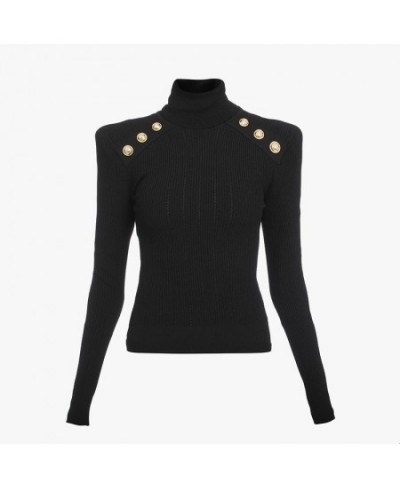 Classic Turtlenecks Pullovers Long Sleeve Gold Buckle Sweater Women Winter Fall Casual Elasticity Knitting Top $70.42 - Sweaters