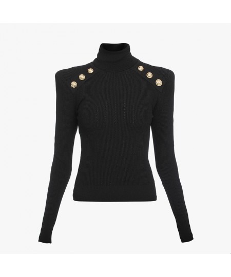 Classic Turtlenecks Pullovers Long Sleeve Gold Buckle Sweater Women Winter Fall Casual Elasticity Knitting Top $70.42 - Sweaters