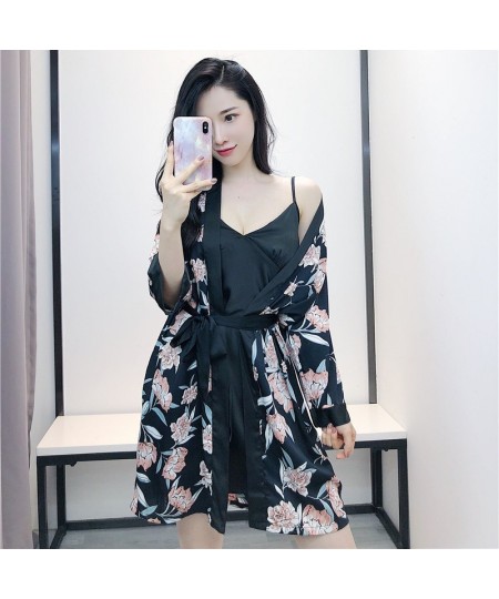 2023 two Pieces Sets Spring Women Robe & Gown Sets Sleepwear Robe Flower Print Nightdress With Chest Pads home suit $65.38 - ...