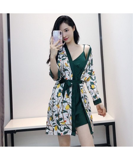 2023 two Pieces Sets Spring Women Robe & Gown Sets Sleepwear Robe Flower Print Nightdress With Chest Pads home suit $65.38 - ...