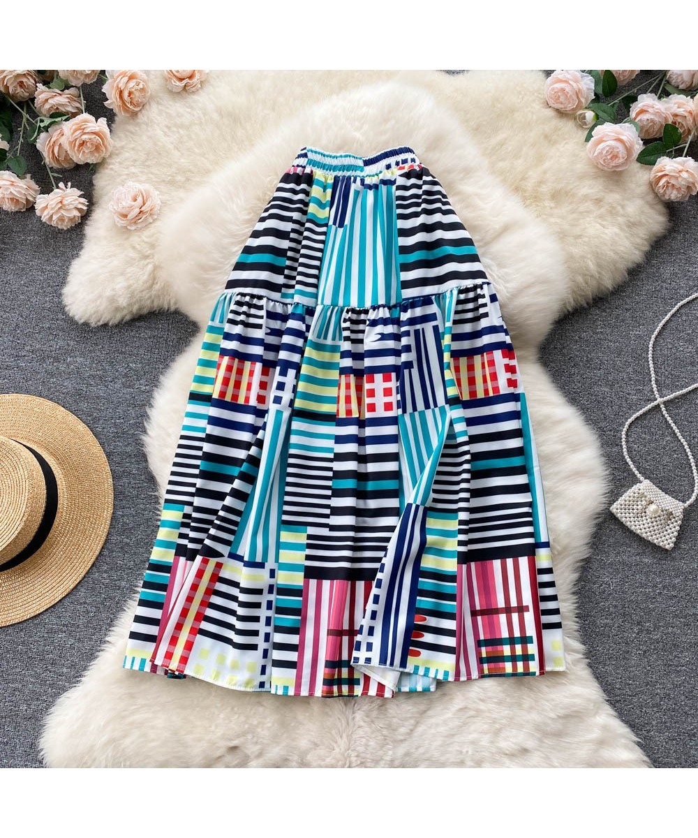 South Korea VD3082 Stripe Print Skirt For Women 2022 Spring Summer Big Swing Mid Length Loose A Line Skirt $37.98 - Skirts