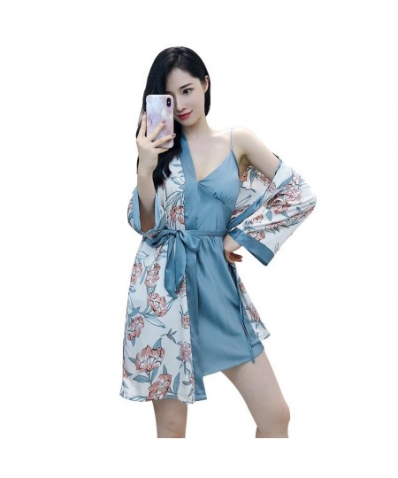 2023 two Pieces Sets Spring Women Robe & Gown Sets Sleepwear Robe Flower Print Nightdress With Chest Pads home suit $65.38 - ...