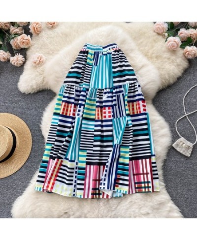 South Korea VD3082 Stripe Print Skirt For Women 2022 Spring Summer Big Swing Mid Length Loose A Line Skirt $37.98 - Skirts