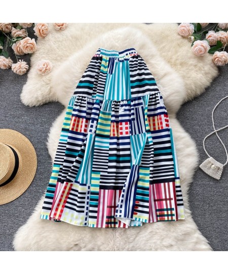 South Korea VD3082 Stripe Print Skirt For Women 2022 Spring Summer Big Swing Mid Length Loose A Line Skirt $37.98 - Skirts