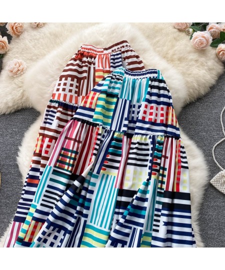 South Korea VD3082 Stripe Print Skirt For Women 2022 Spring Summer Big Swing Mid Length Loose A Line Skirt $37.98 - Skirts