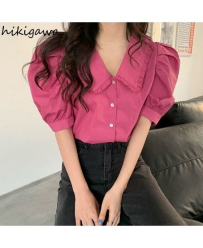 Hikigawa Vintage Ladies Tops 2023 Women's Clothing Peter Pan Collar Puff Sleeve Blouse Shirts Korean Elegant Blusas De Mujer ...