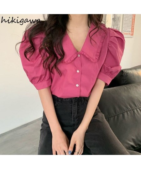 Hikigawa Vintage Ladies Tops 2023 Women's Clothing Peter Pan Collar Puff Sleeve Blouse Shirts Korean Elegant Blusas De Mujer ...