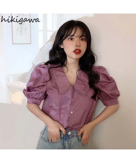 Hikigawa Vintage Ladies Tops 2023 Women's Clothing Peter Pan Collar Puff Sleeve Blouse Shirts Korean Elegant Blusas De Mujer ...