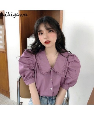 Hikigawa Vintage Ladies Tops 2023 Women's Clothing Peter Pan Collar Puff Sleeve Blouse Shirts Korean Elegant Blusas De Mujer ...