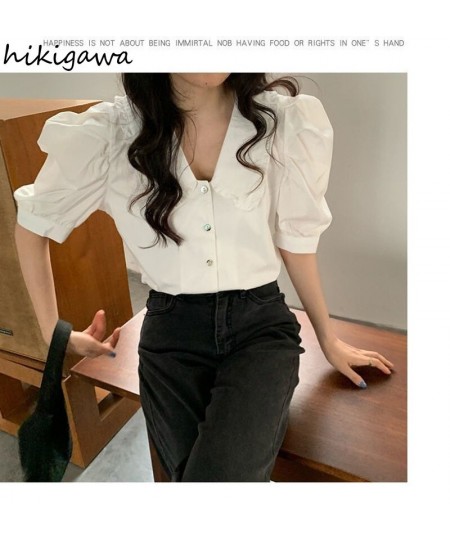 Hikigawa Vintage Ladies Tops 2023 Women's Clothing Peter Pan Collar Puff Sleeve Blouse Shirts Korean Elegant Blusas De Mujer ...