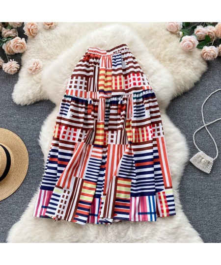 South Korea VD3082 Stripe Print Skirt For Women 2022 Spring Summer Big Swing Mid Length Loose A Line Skirt $37.98 - Skirts