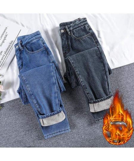 Winter Spring Straight Loose Outer Wear Warm Thickened Harem Denim Plus Velvet Dad Jeans Denim Women's New pANTS $48.58 - Jeans