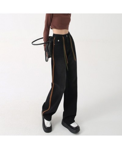 Y2K 2023 American Retro Straight Tube Wide Leg Trousers Green Binding Side Strip Jeans Full Length Chic Streetwear Pants $49....