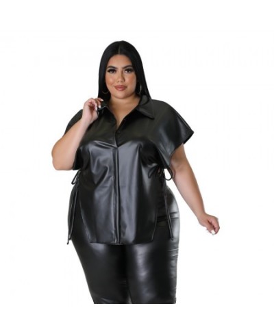 Plus Size Women Leather Tops Solid Split Shirt For Lady Fashion Casual Outfit Female Bandage Cloth 2023 Spring Large Size Top...