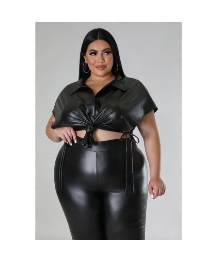 Plus Size Women Leather Tops Solid Split Shirt For Lady Fashion Casual Outfit Female Bandage Cloth 2023 Spring Large Size Top...