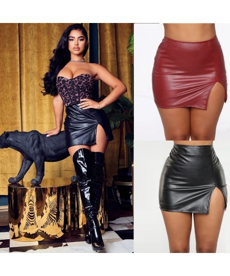 Women PU Skirt Lady Skinny High Waist Pencil Skirts Zipper Black Faux Leather Short Asymmetrical Skirt $31.48 - Skirts