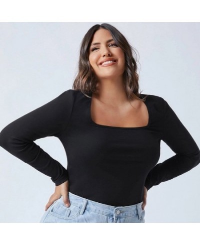 Plus Size Square Neck Spring Autumn Elegant Top Women Long Sleeve Black Sheath Blouse Female Large Size Sexy T Shirt 5XL 6XL ...