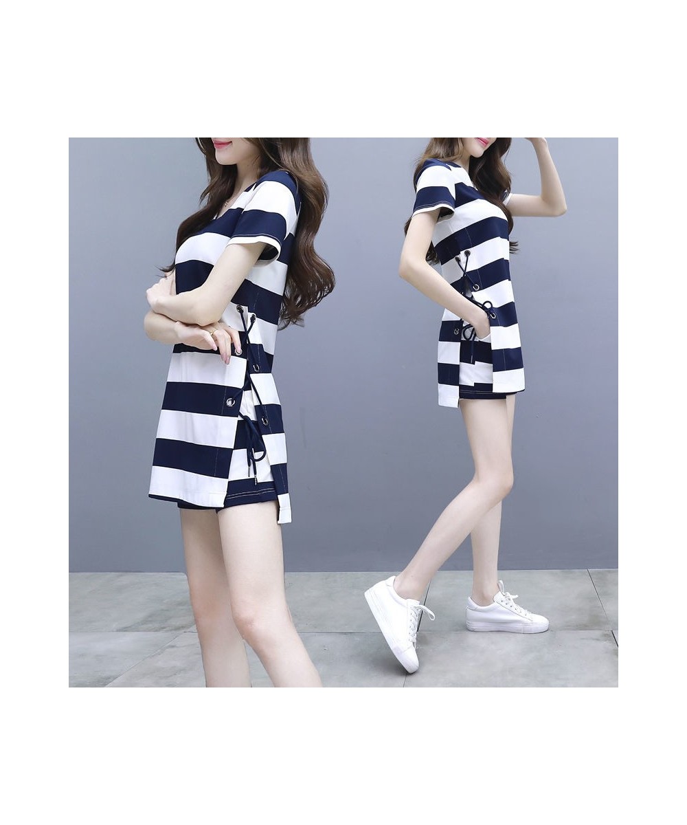 Women's 2022 Summer New Casual Korean Stripe Shirts Tops Shorts Suit Slim Home Clothes Two Piece Set For Girl Running Tracksu...