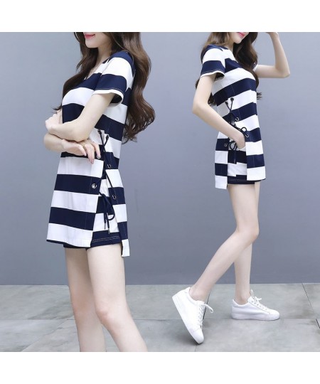 Women's 2022 Summer New Casual Korean Stripe Shirts Tops Shorts Suit Slim Home Clothes Two Piece Set For Girl Running Tracksu...