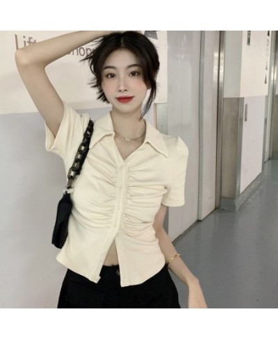 French Temperament Sweet Girls Casual Blouse Office Lady Pleated Clothes V Neck $30.58 - Tops & Tees