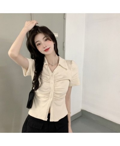 French Temperament Sweet Girls Casual Blouse Office Lady Pleated Clothes V Neck $30.58 - Tops & Tees