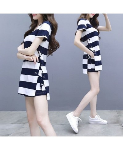 Women's 2022 Summer New Casual Korean Stripe Shirts Tops Shorts Suit Slim Home Clothes Two Piece Set For Girl Running Tracksu...