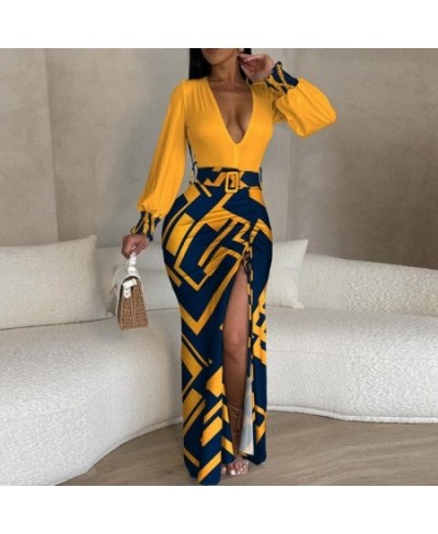 Retro Draped Waist Women Maxi Dress Fashion Deep V Long Sleeve Drawstring Split Dress Casual Pattern Print Patchwork Club Dre...