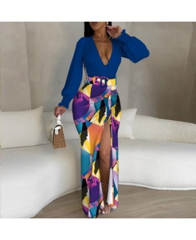 Retro Draped Waist Women Maxi Dress Fashion Deep V Long Sleeve Drawstring Split Dress Casual Pattern Print Patchwork Club Dre...