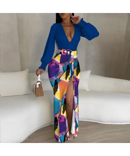 Retro Draped Waist Women Maxi Dress Fashion Deep V Long Sleeve Drawstring Split Dress Casual Pattern Print Patchwork Club Dre...