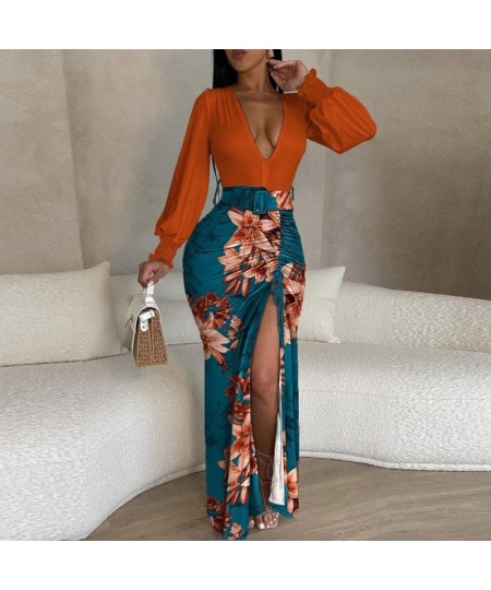 Retro Draped Waist Women Maxi Dress Fashion Deep V Long Sleeve Drawstring Split Dress Casual Pattern Print Patchwork Club Dre...