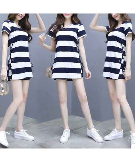 Women's 2022 Summer New Casual Korean Stripe Shirts Tops Shorts Suit Slim Home Clothes Two Piece Set For Girl Running Tracksu...