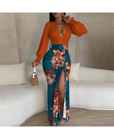 Retro Draped Waist Women Maxi Dress Fashion Deep V Long Sleeve Drawstring Split Dress Casual Pattern Print Patchwork Club Dre...