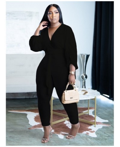 Plus Size Ribbed Rompers Womens Jumpsuit Simple Black White Deep V Neck Ruched Full Sleeve Skinny One Piece Overalls $42.93 -...