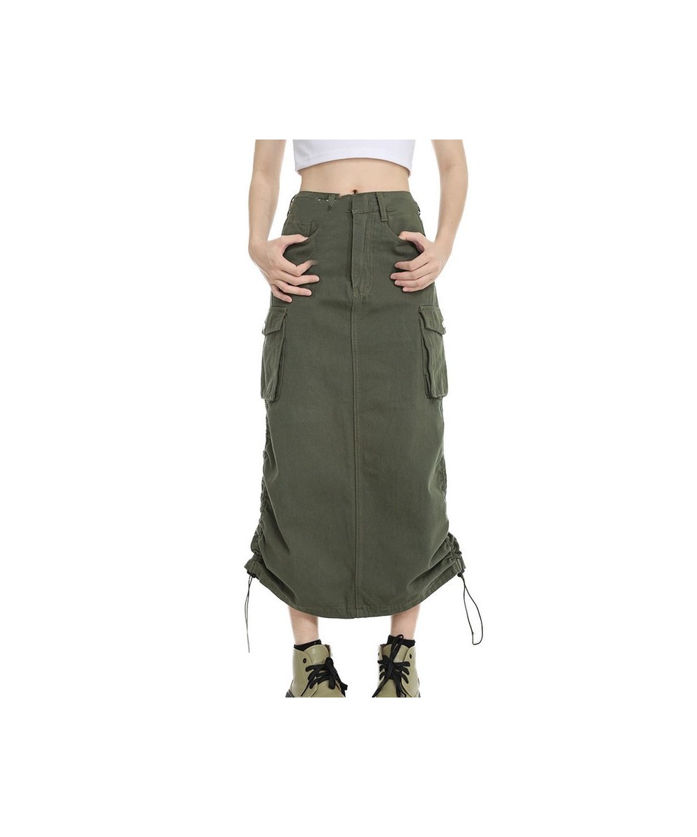 Women Cargo Skirt Summer Clothes 2023 Retro Drawstring Half Dress Long Side Pockets Solid Color Skirt y2k Streetwear $30.07 -...