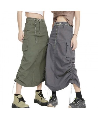 Women Cargo Skirt Summer Clothes 2023 Retro Drawstring Half Dress Long Side Pockets Solid Color Skirt y2k Streetwear $30.07 -...