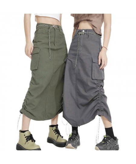 Women Cargo Skirt Summer Clothes 2023 Retro Drawstring Half Dress Long Side Pockets Solid Color Skirt y2k Streetwear $30.07 -...