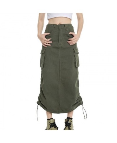 Women Cargo Skirt Summer Clothes 2023 Retro Drawstring Half Dress Long Side Pockets Solid Color Skirt y2k Streetwear $30.07 -...